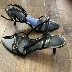 GUESS Black Patent Strappy Kitten-Heel Sandals, 10